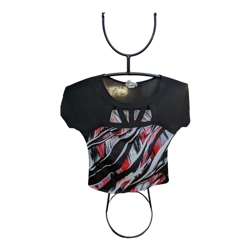 VTG Ivy Ridge Black print Colorblock cut out abstract top Medium